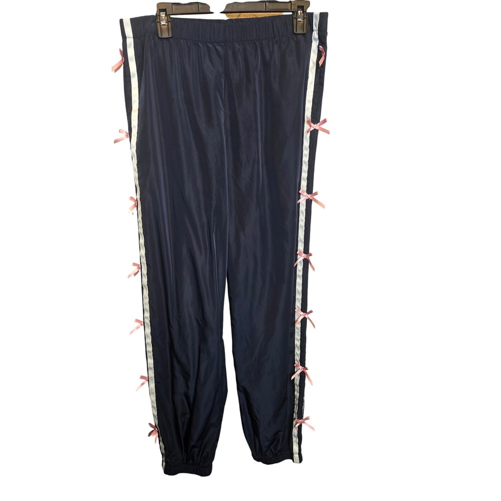Edikted Track Pants Womens Medium Navy Blue Pink Bow Ribbon Side Stripe Joggers